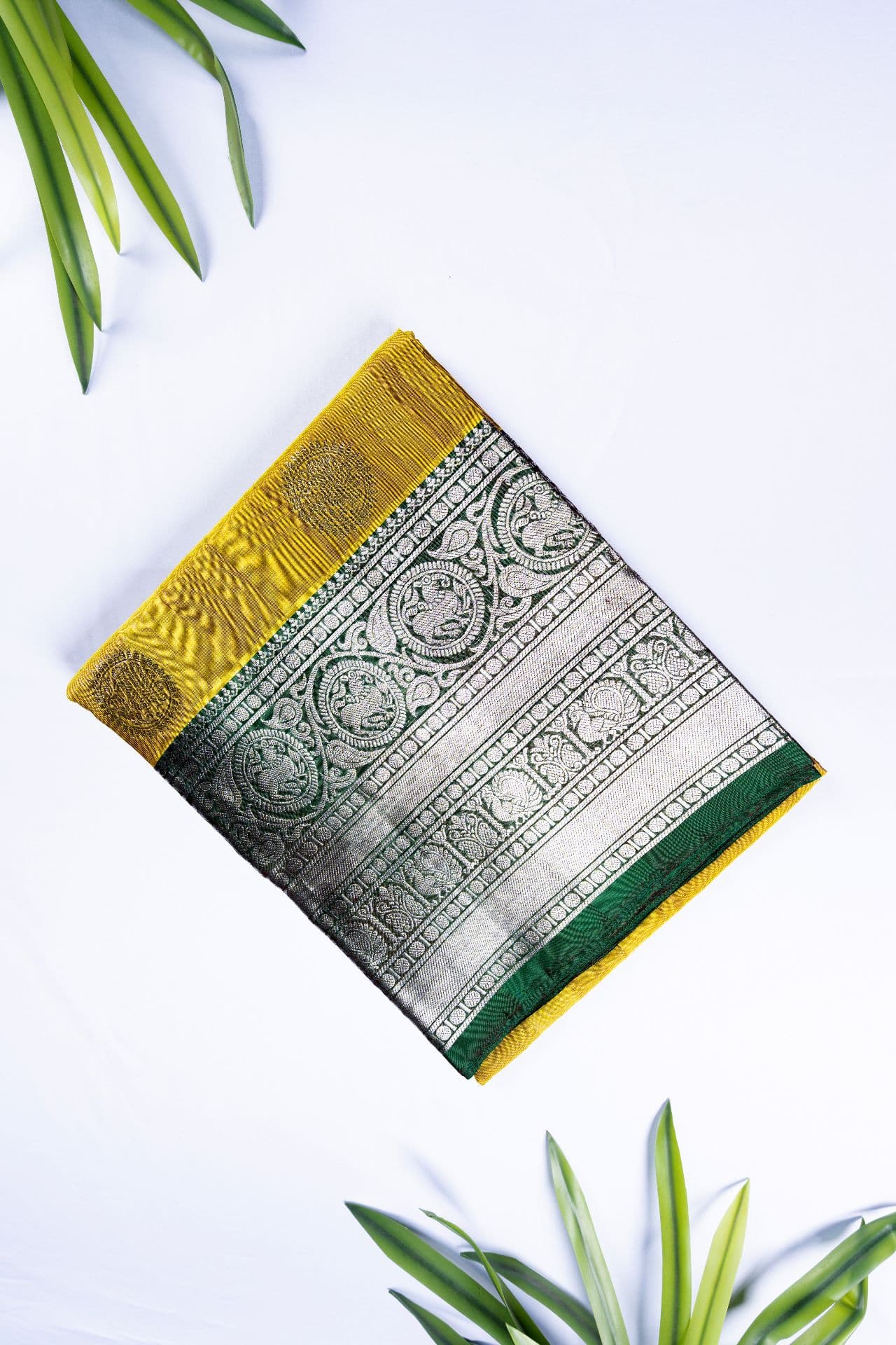 Emerald & Mustard Kanjivaram Silver Annapakshi Saree Buy authentic handloom venkatagiri silk saree